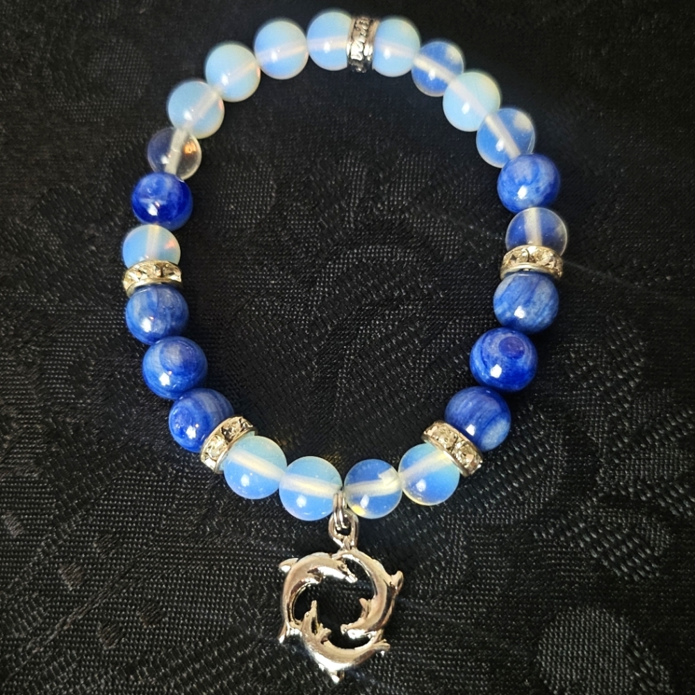 Opalite & Kyanite Bracelet with Dolphin Charm and Rhinestones